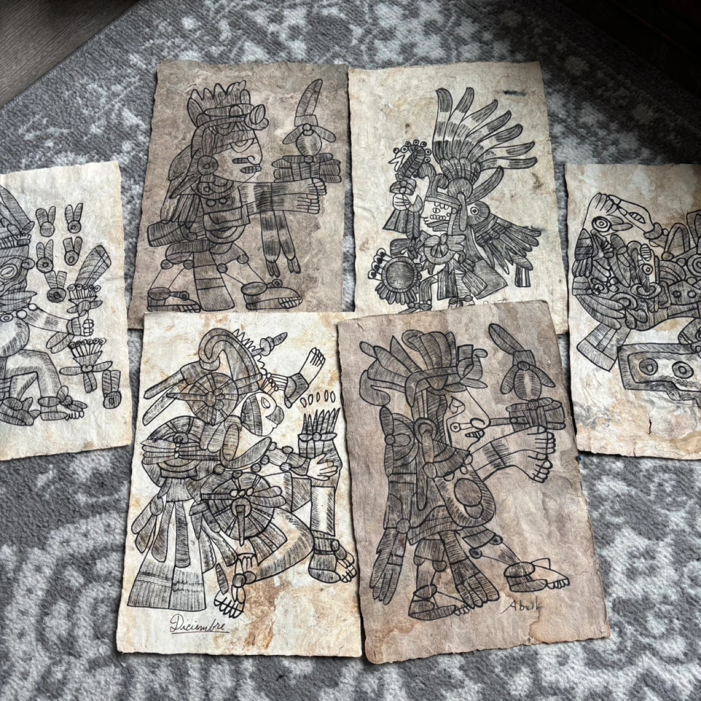 Set of 6 Mayan Calendar Inspired Art Prints on Textured Paper
