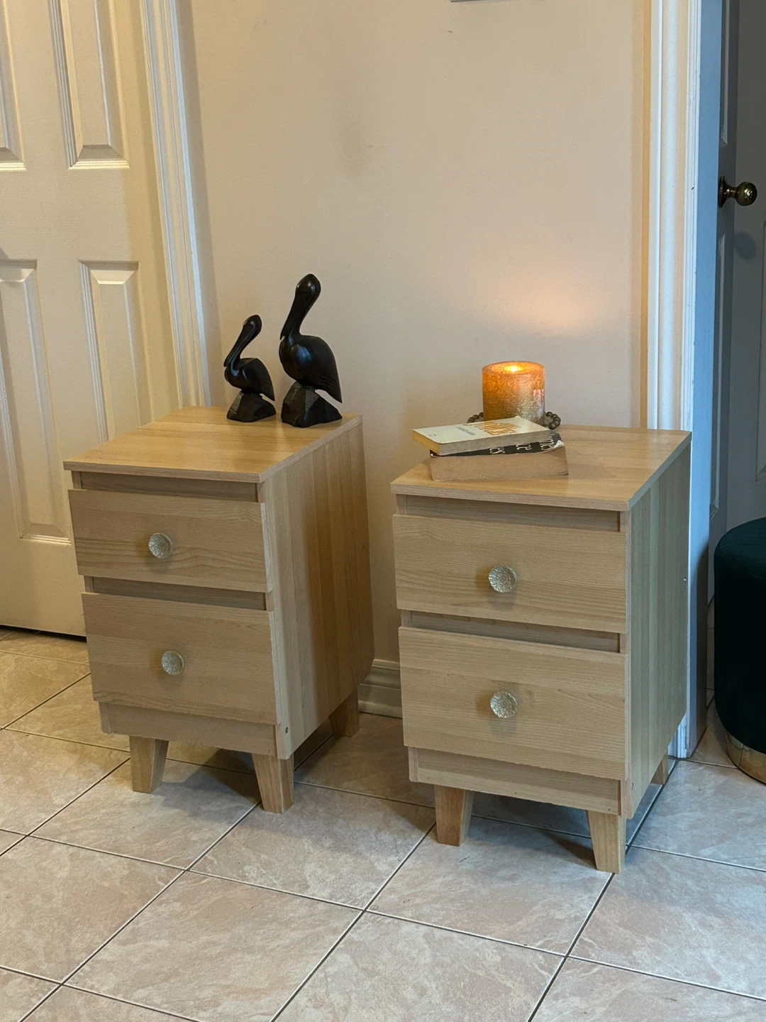 Pair of Oak Finish 2-Drawer Nightstands