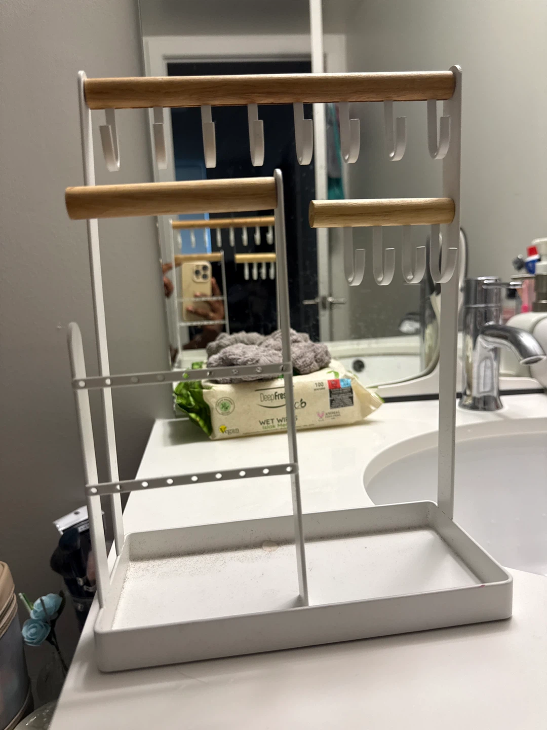 White Metal Jewelry Organizer Stand with Wood Accents