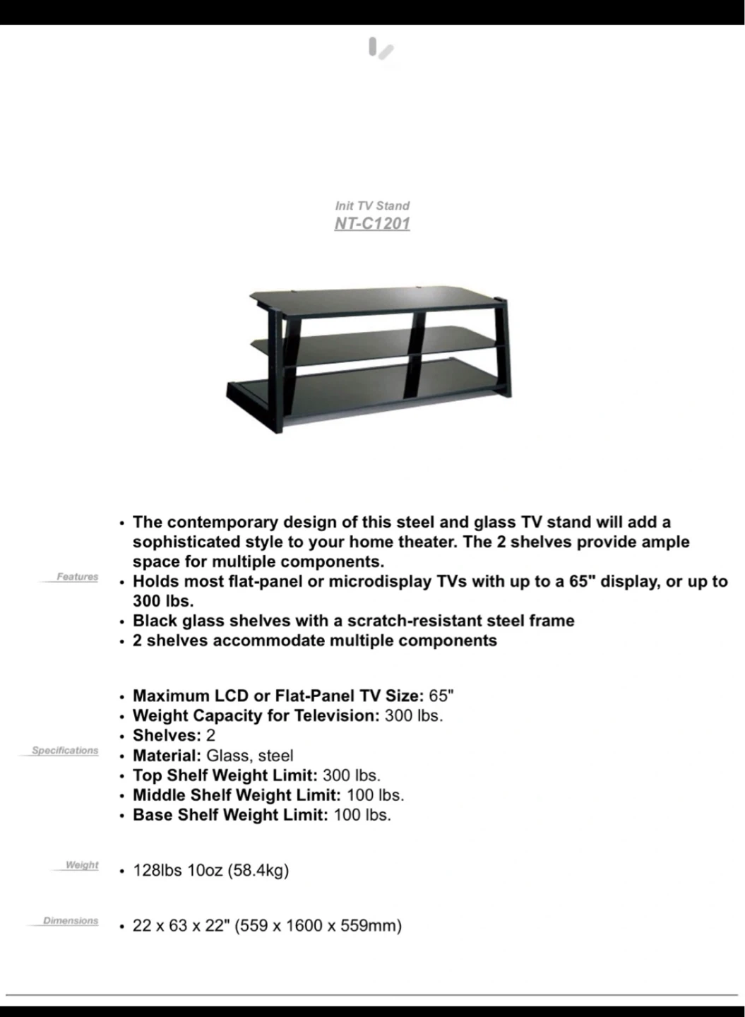 Init TV Stand NT-C1201 Black Glass and Steel