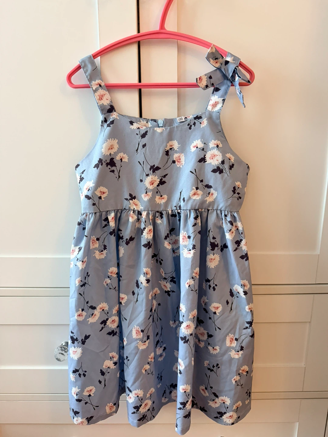 Girl's Blue Floral Dress with Bow Shoulders - Size 120
