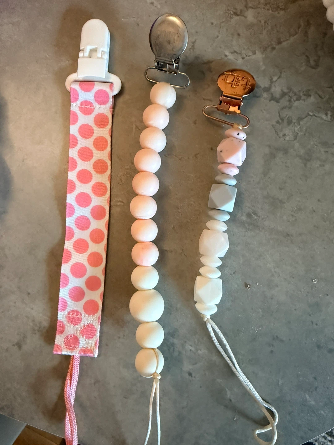 3 Pacifier Clips - Pink Polka Dot, Wooden Beads, and Geometric