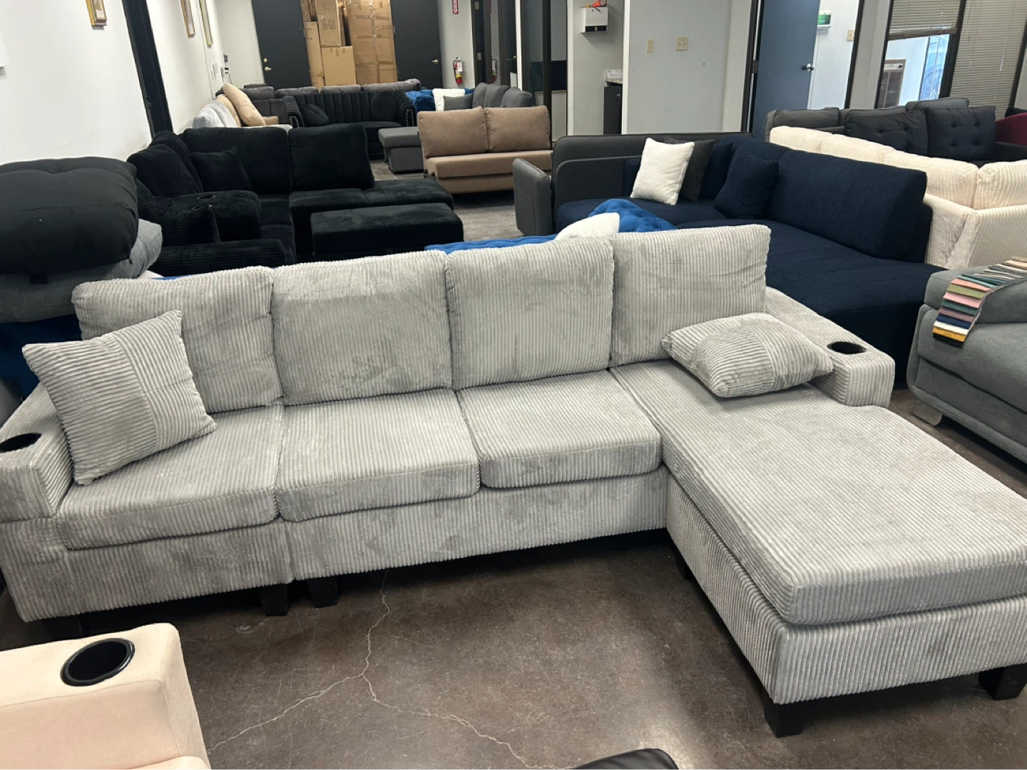Light Grey Corduroy Sectional Sofa with Chaise