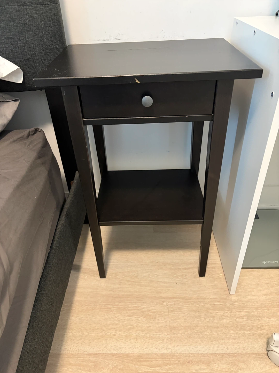 IKEA Black Nightstand with Drawer and Shelf