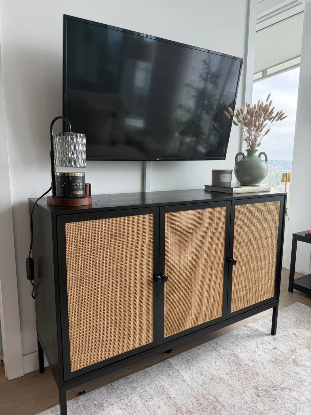 Black TV Stand with Rattan Doors