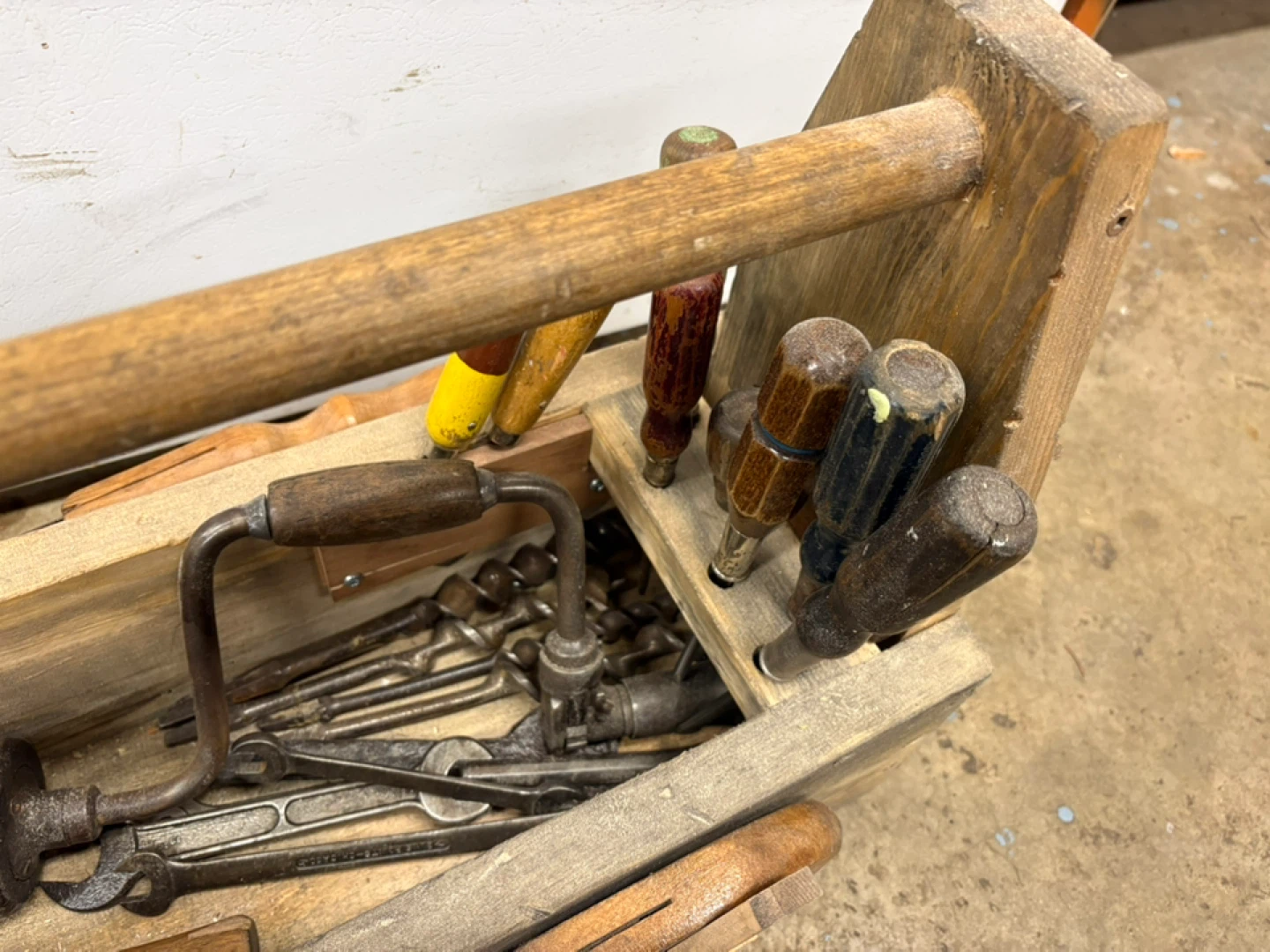 Vintage Wooden Toolbox with Assorted Hand Tools