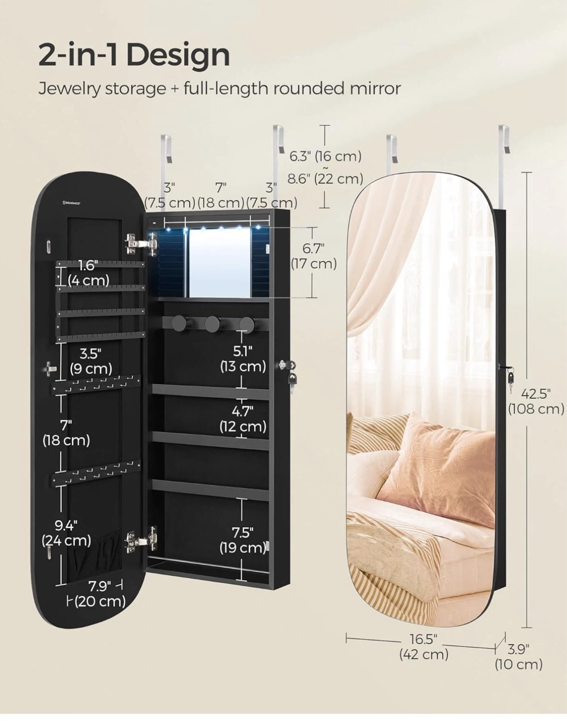 Black Jewelry Storage Cabinet with Mirror - photo 2