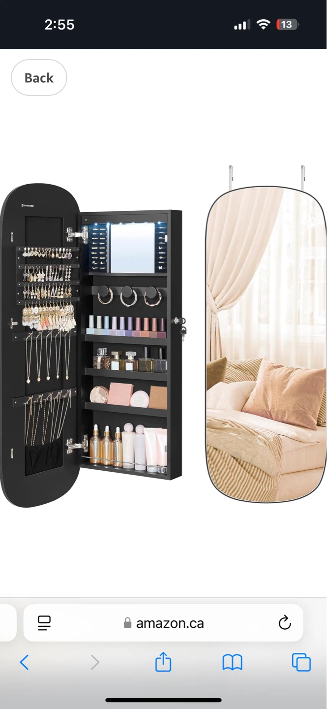 Black Jewelry Storage Cabinet with Mirror