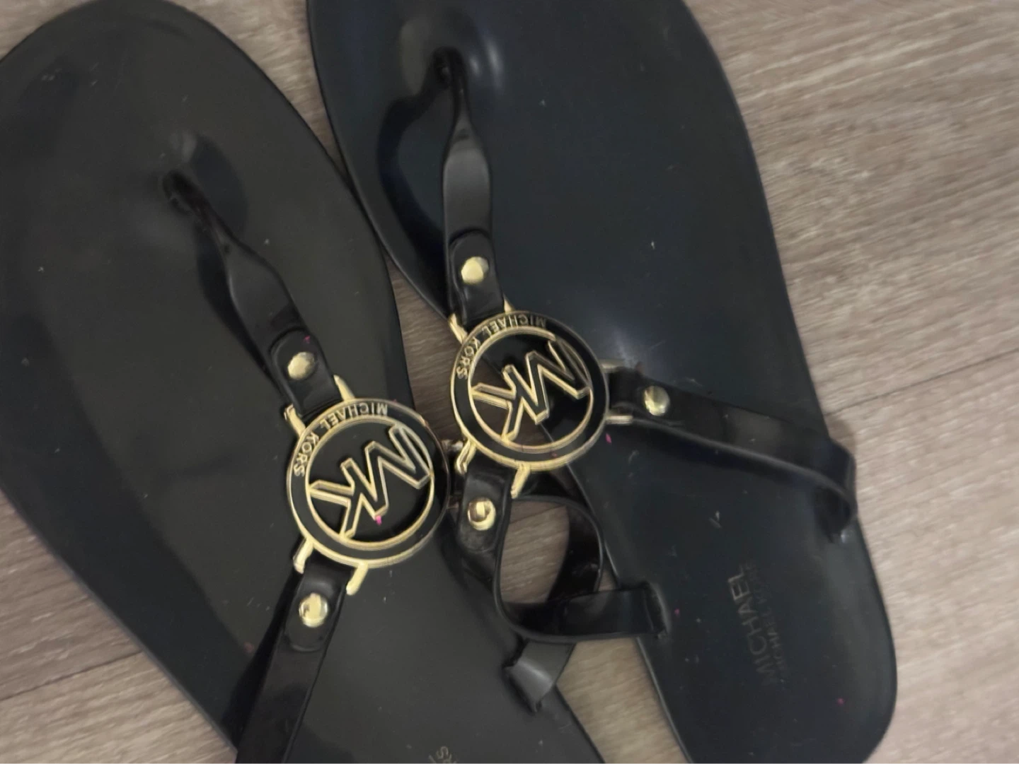 Michael Kors Black Flip Flops with Gold MK Logo