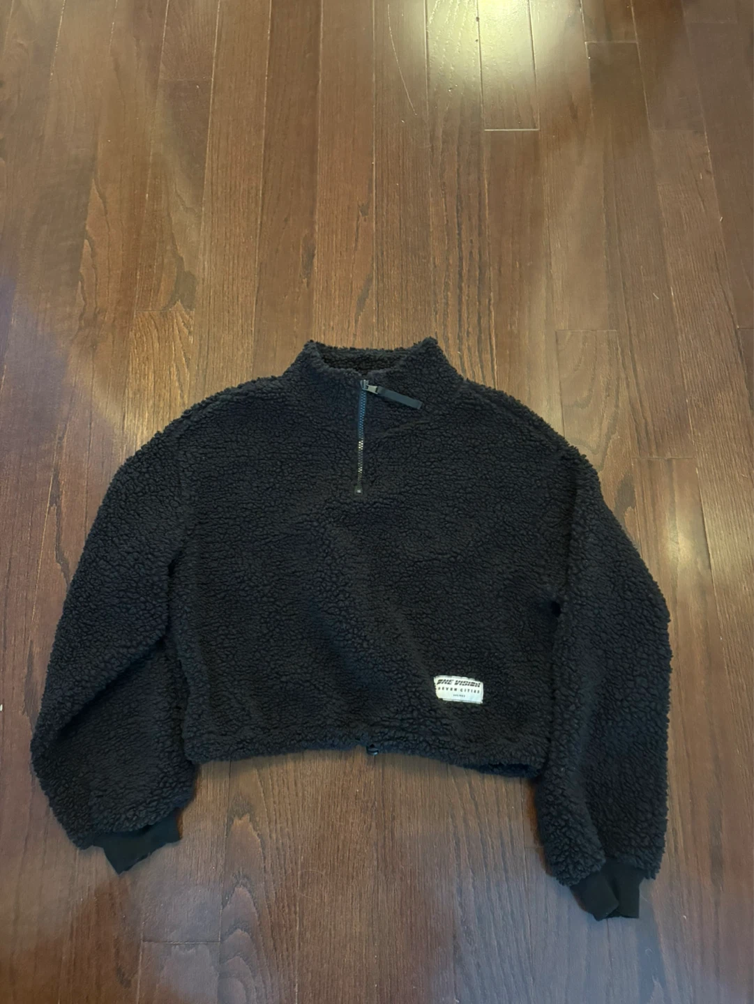 Black Cropped Sherpa Fleece Pullover