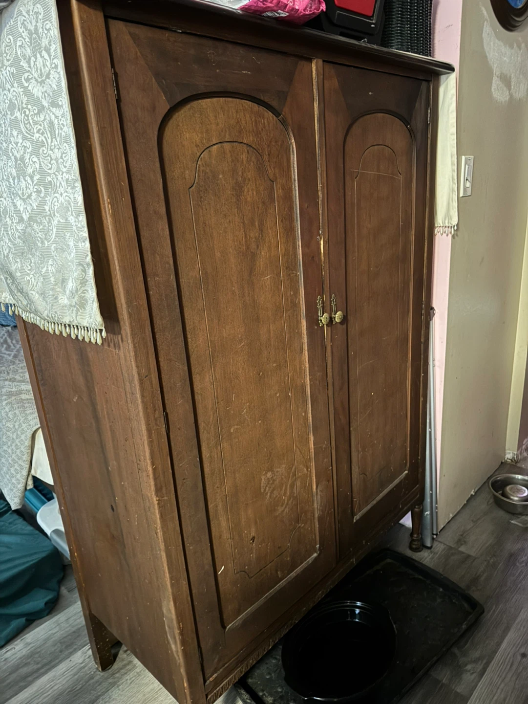 Antique Wooden Armoire with Mirror and Drawers