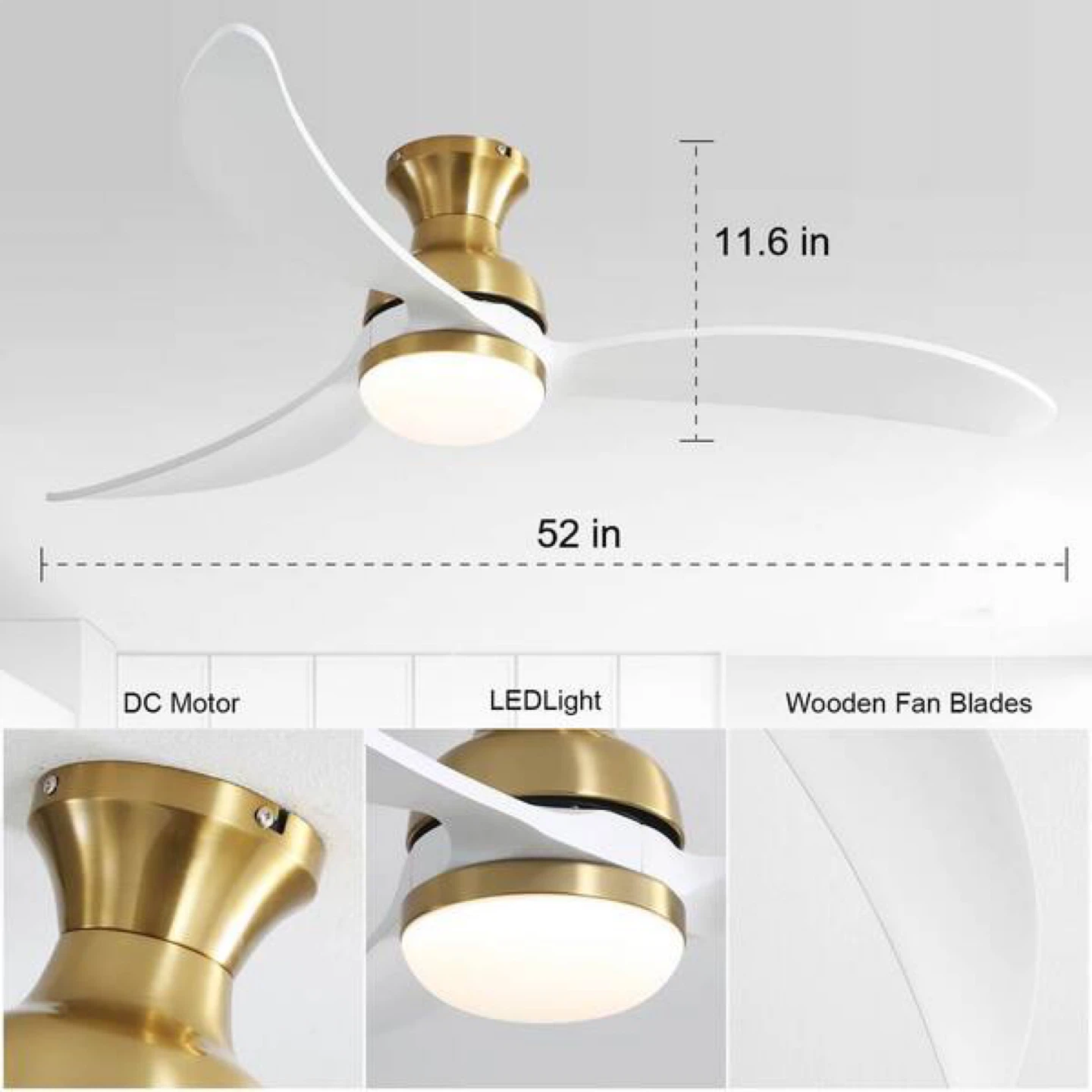 52 in. LED Indoor/Outdoor Flush Mount Smart Gold Ceiling Fan