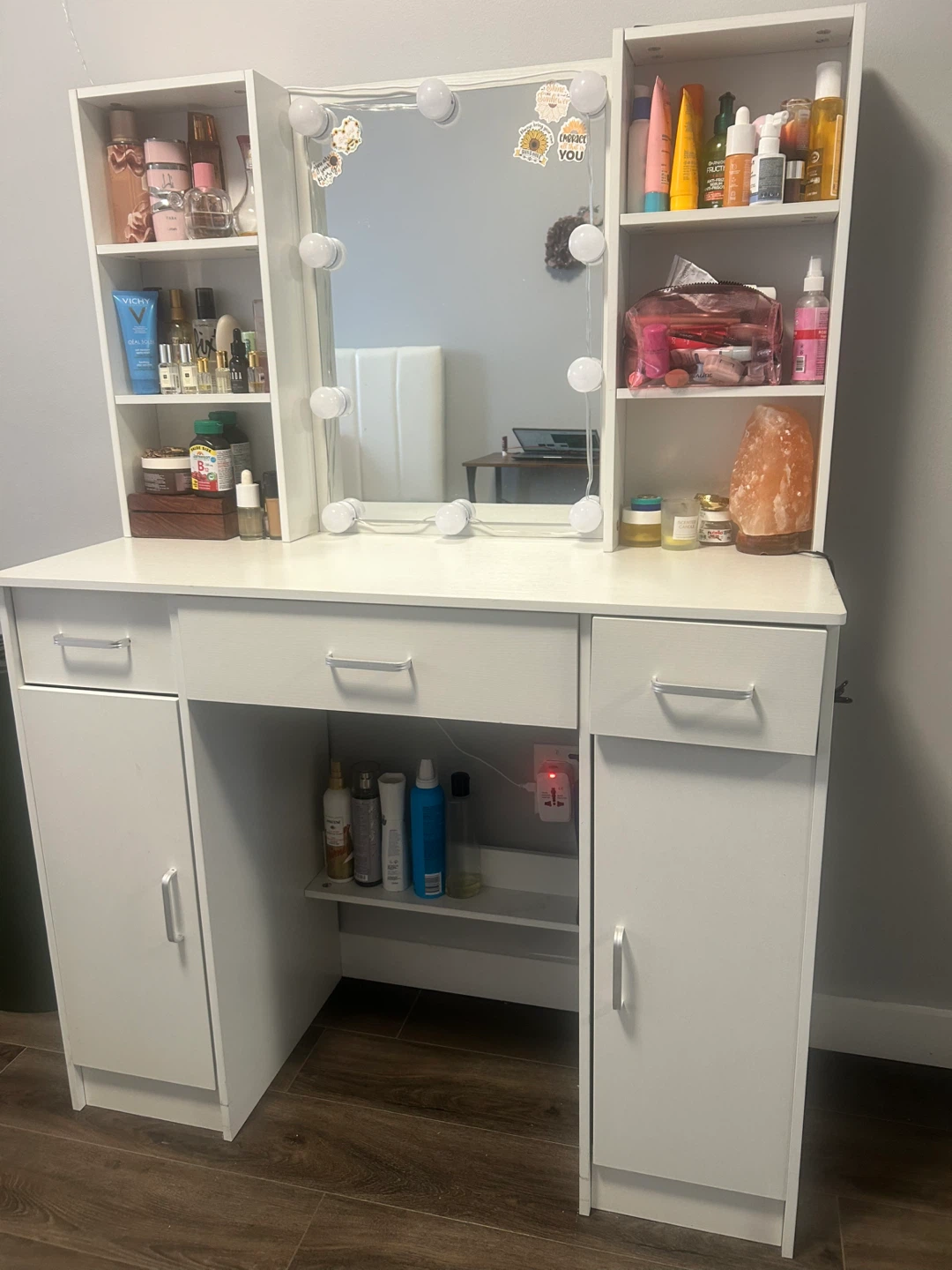 White Vanity Desk with Lighted Mirror and Storage Shelves - photo 2