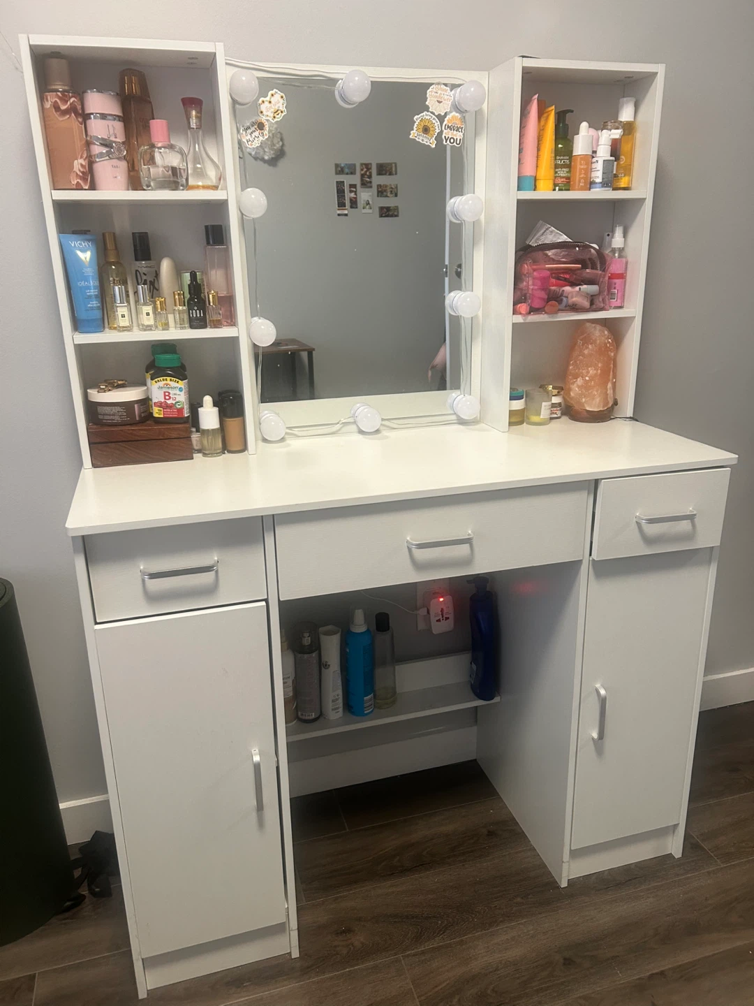 White Vanity Desk with Lighted Mirror and Storage Shelves