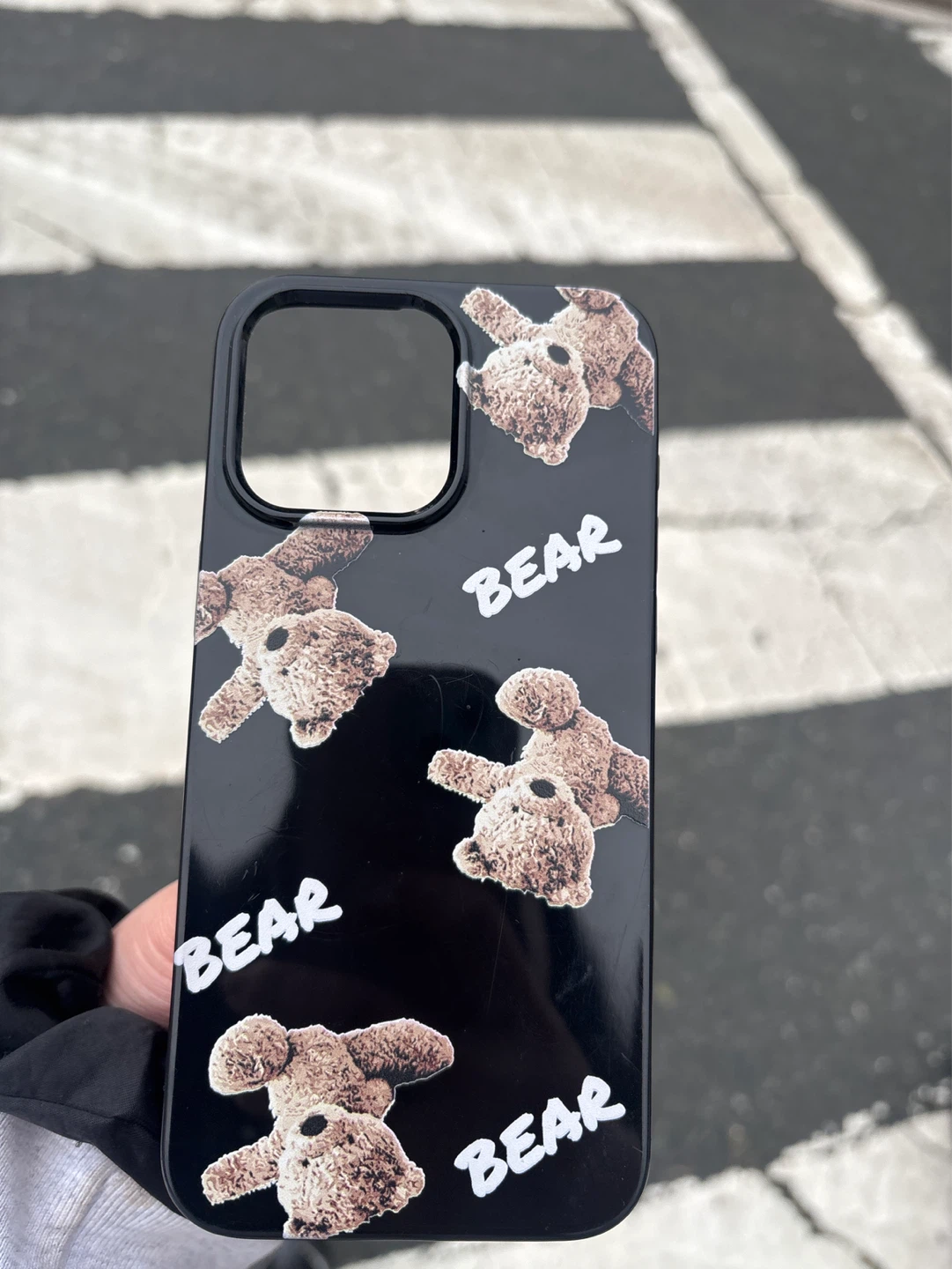Black i- Phone 15 pro Case with Teddy Bear Design