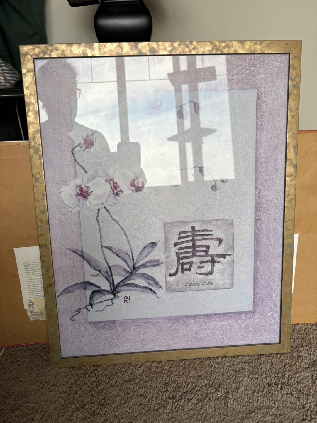 Framed Orchid Art Print with "Long Life" Kanji