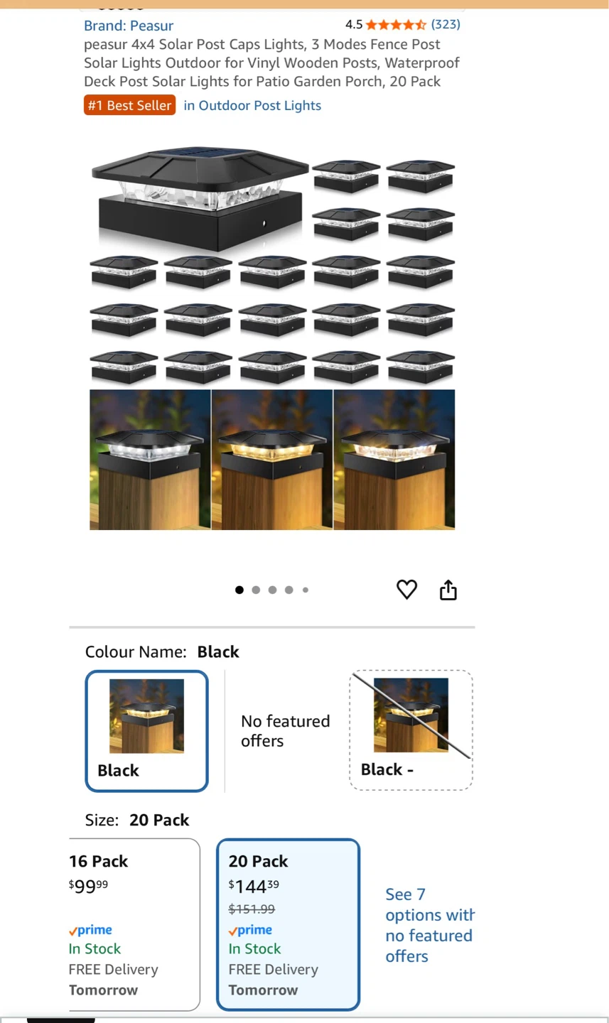 New! Peasur Solar Post Cap Lights - 20 Pack Black