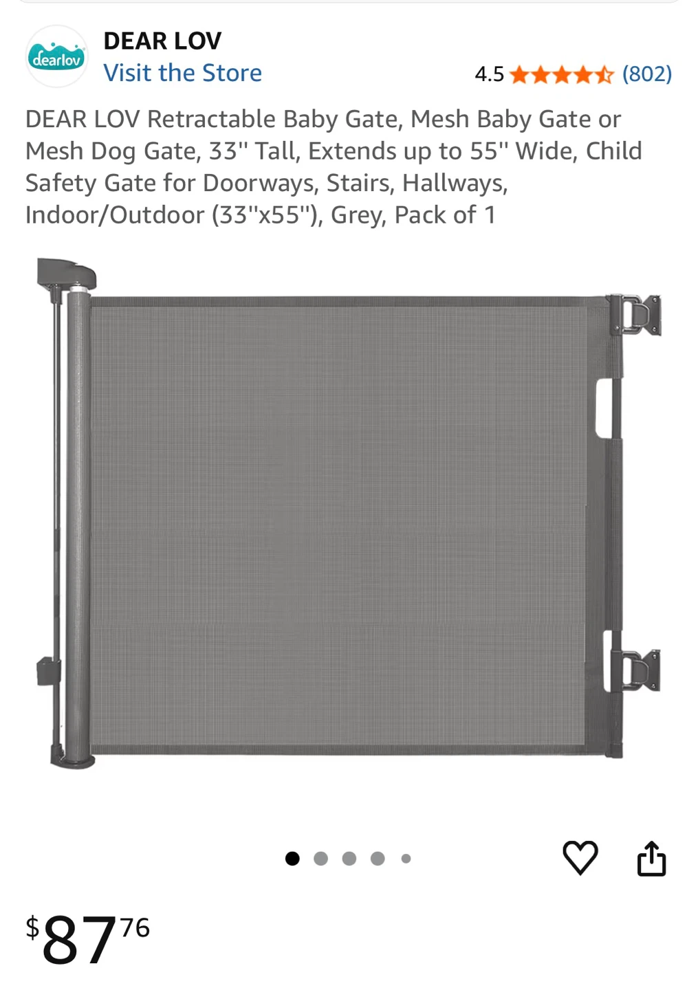 New! DEAR LOV Retractable Baby Gate Mesh Dog Gate - Grey