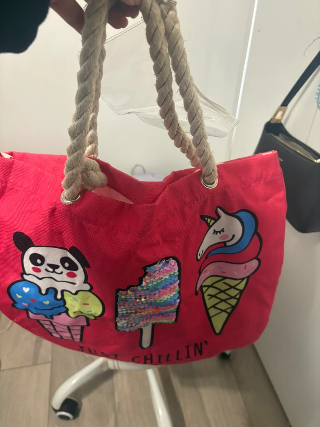 Pink Tote Bag with Ice Cream and Panda Graphics