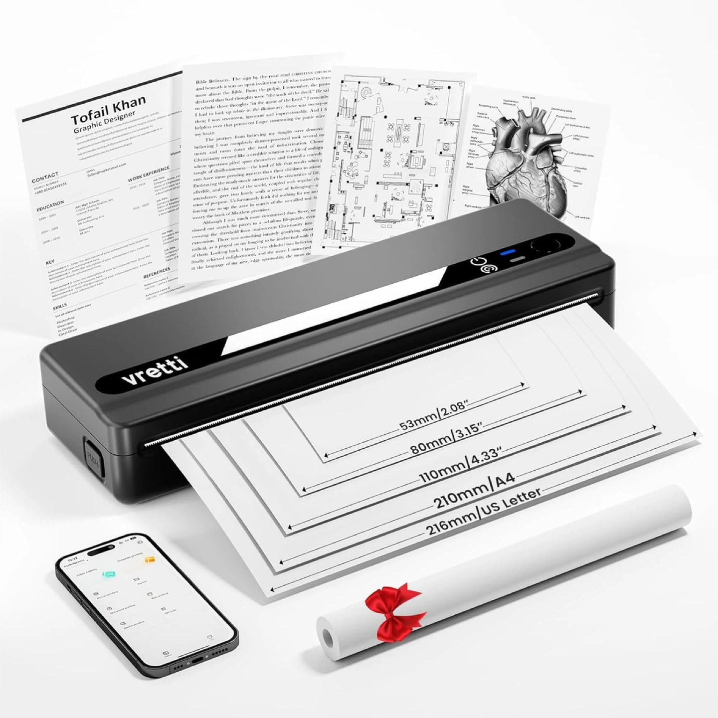vretti Portable Thermal Printer, Wireless Bluetooth Printer