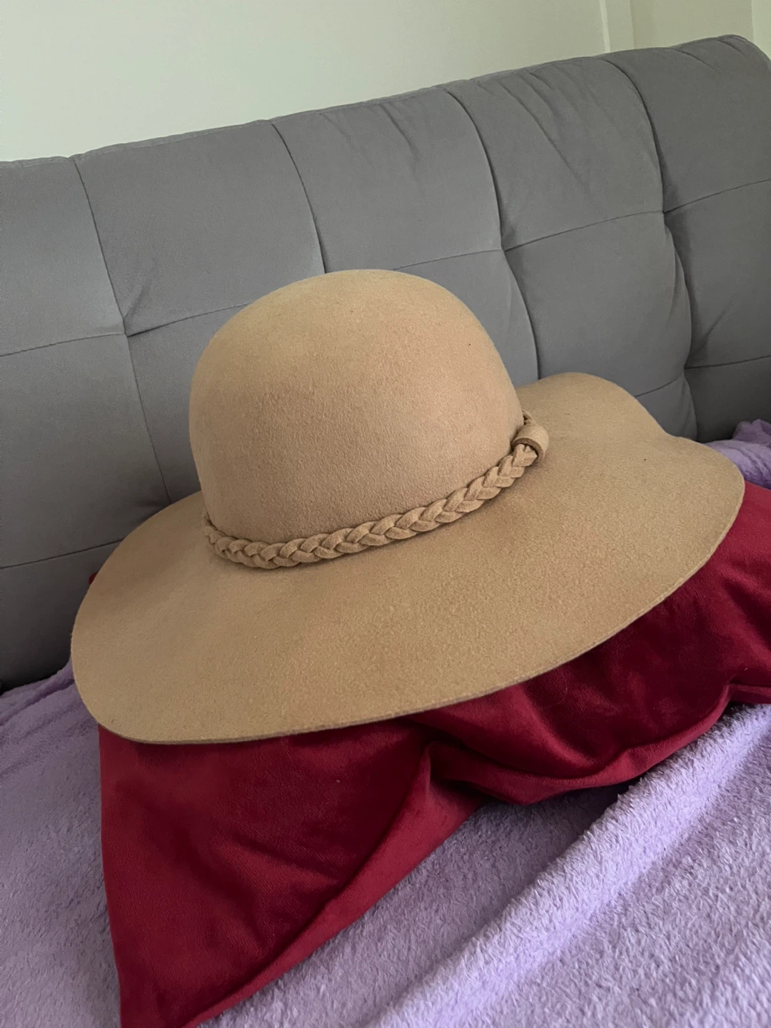 Tan Wool Wide Brim Hat with Braided Band