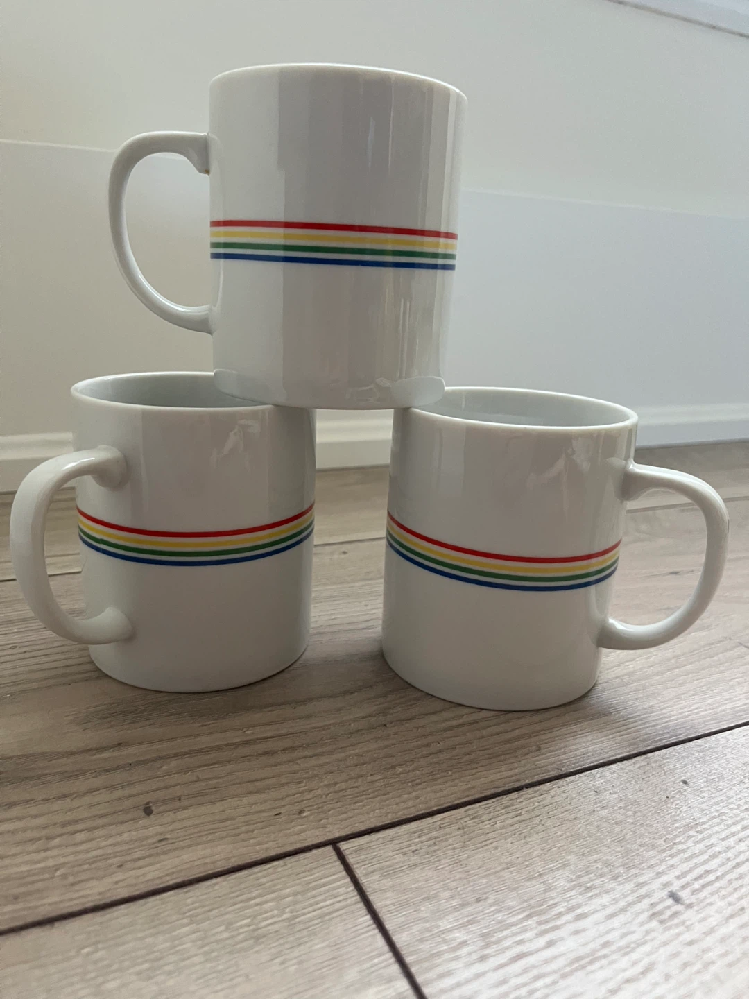 Set of 6 White Mugs with Rainbow Stripe Design