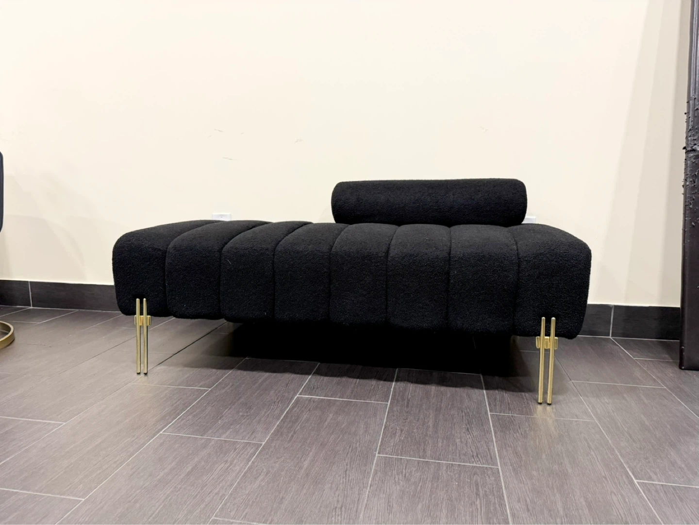Black Channel Tufted Bench with Bolster Pillow and Gold Legs