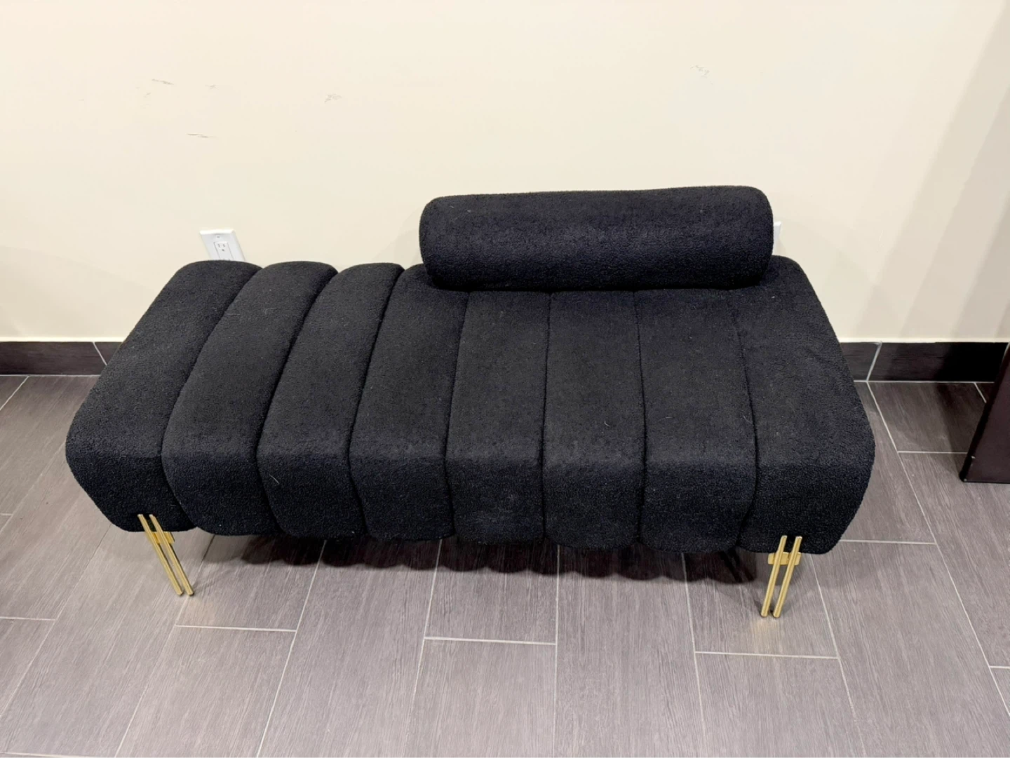 Black Channel Tufted Bench with Bolster Pillow and Gold Legs - photo 5