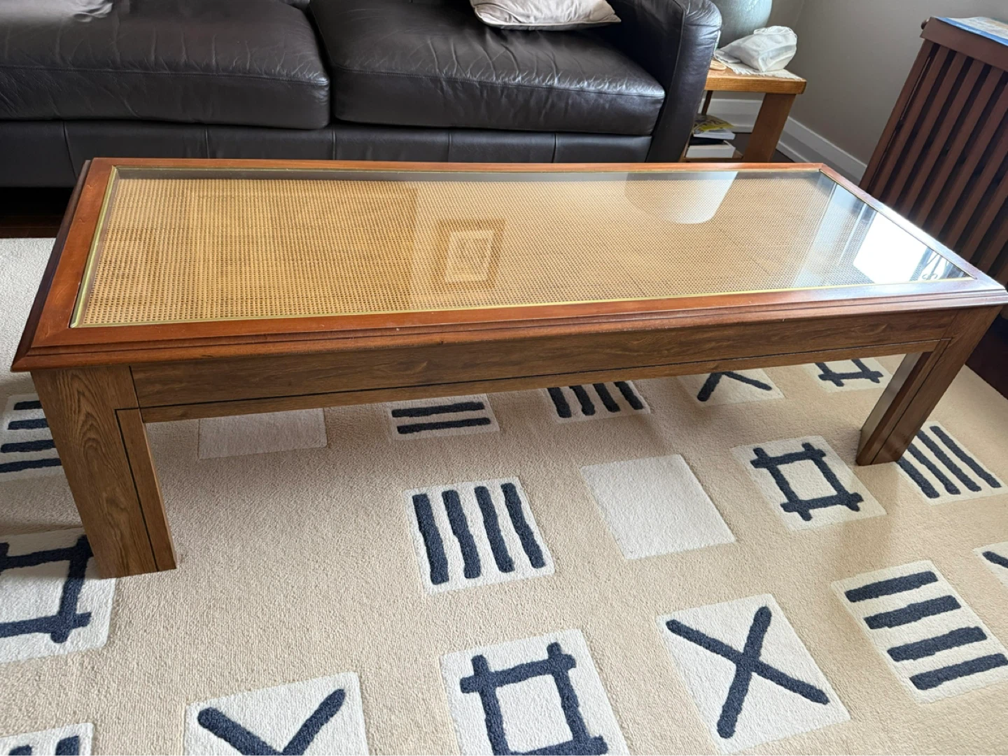 Wooden coffee table with glass and cane inlay - photo 3