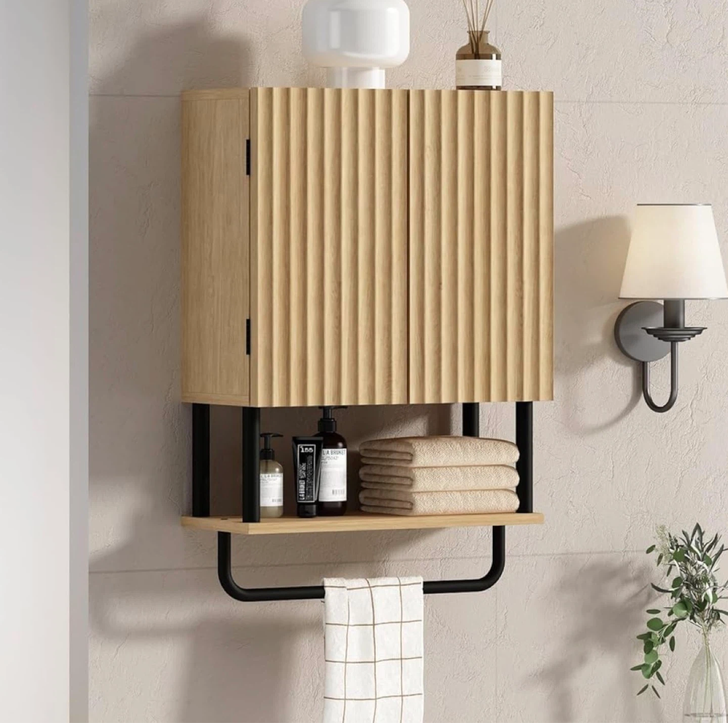 Wall Mounted Cabinet with Double Doors and Open Shelf