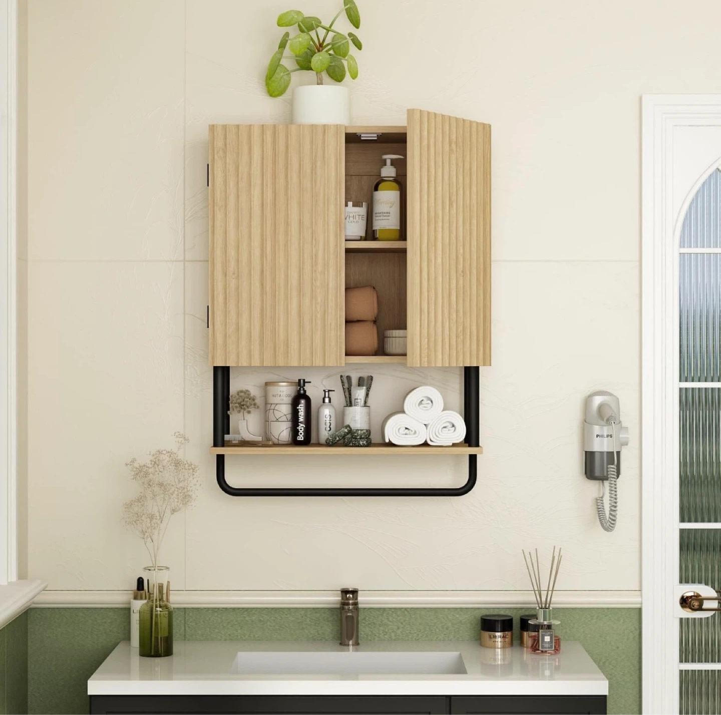 Wall Mounted Cabinet with Double Doors and Open Shelf - photo 2