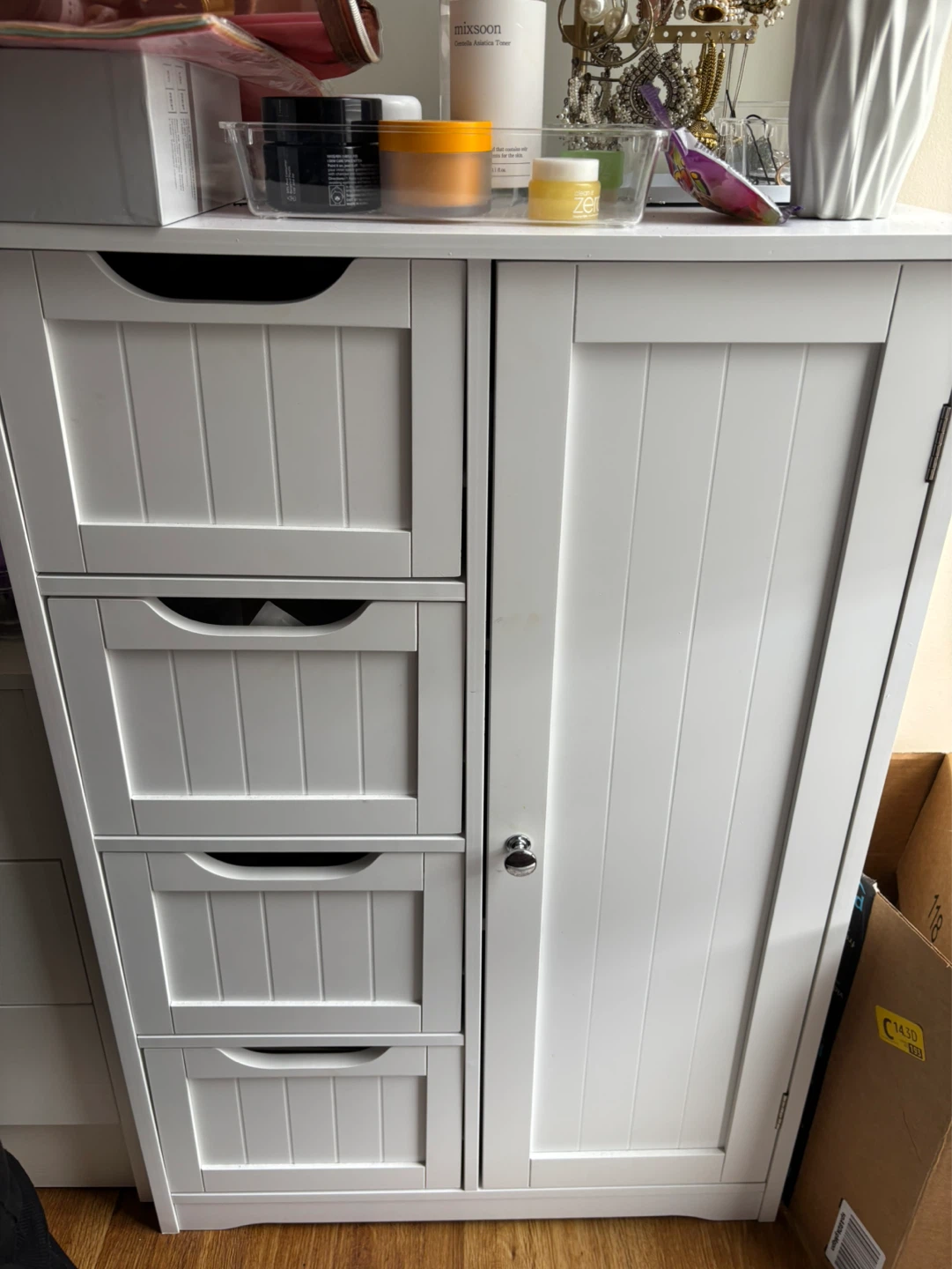 White Wooden storage Cabinet with Drawers and Door
