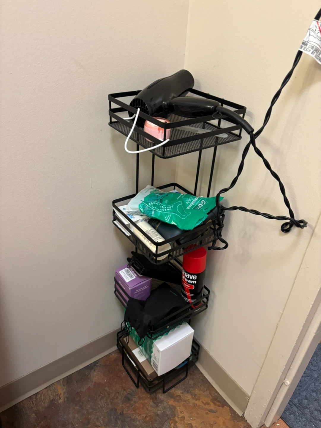 Black 4-Tier Corner Storage Shelf with Hair Dryer