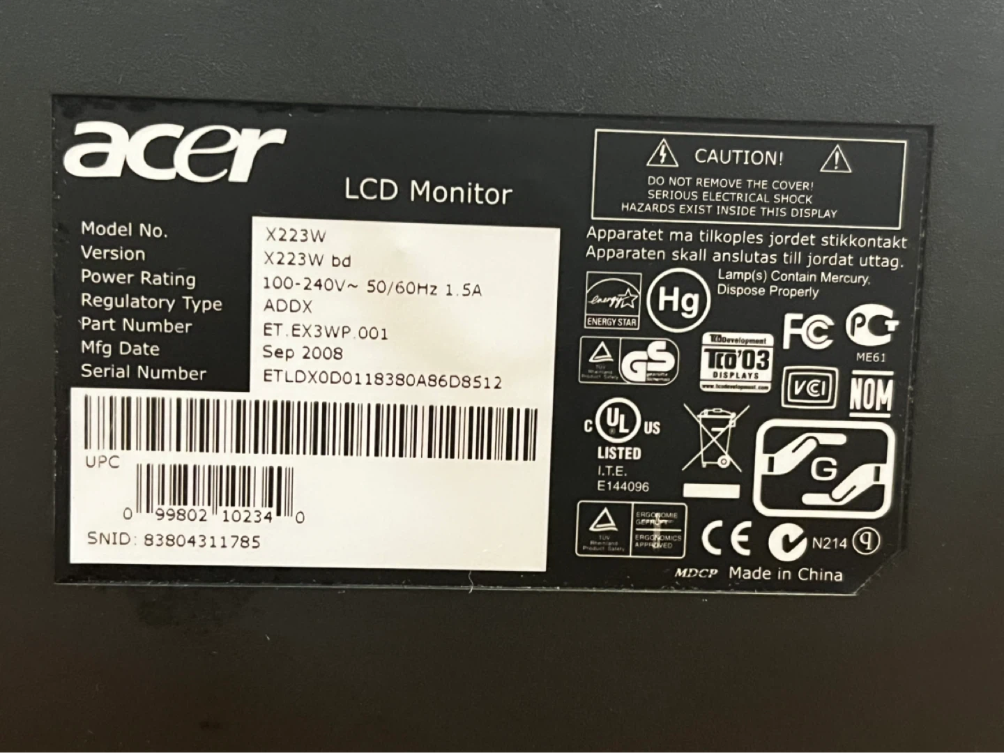 Acer X223W BD LCD Monitor - photo 2