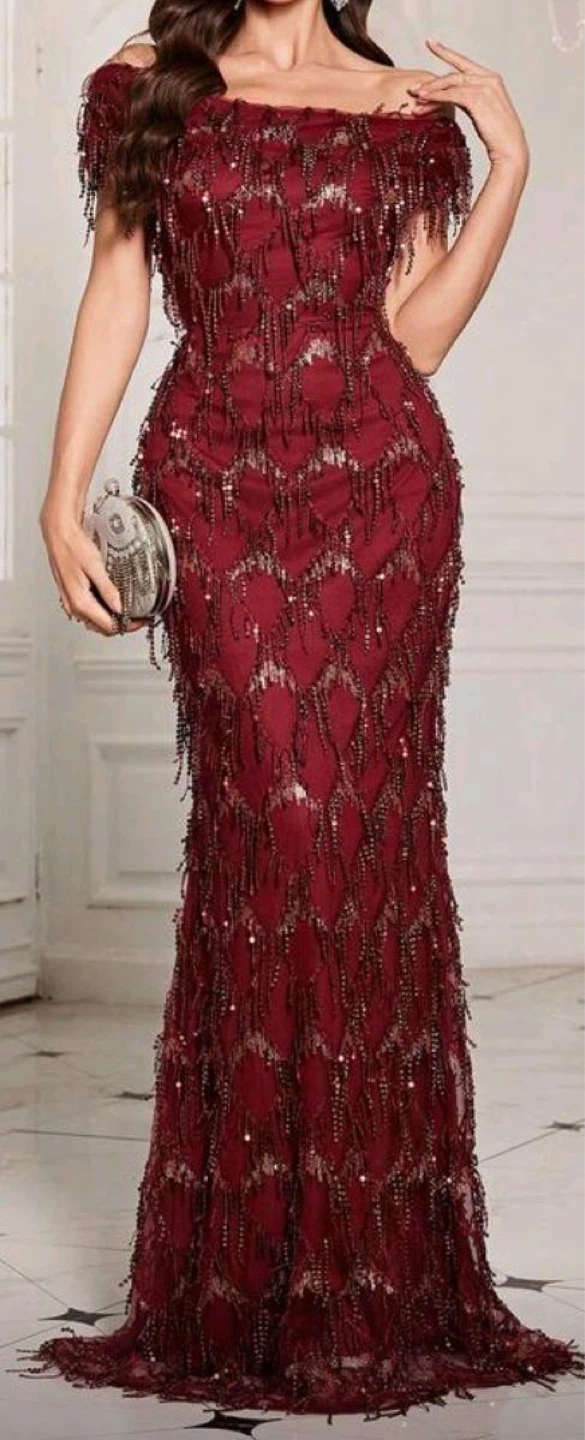 Women's Off-Shoulder Beaded Sequin Evening Gown - Burgundy