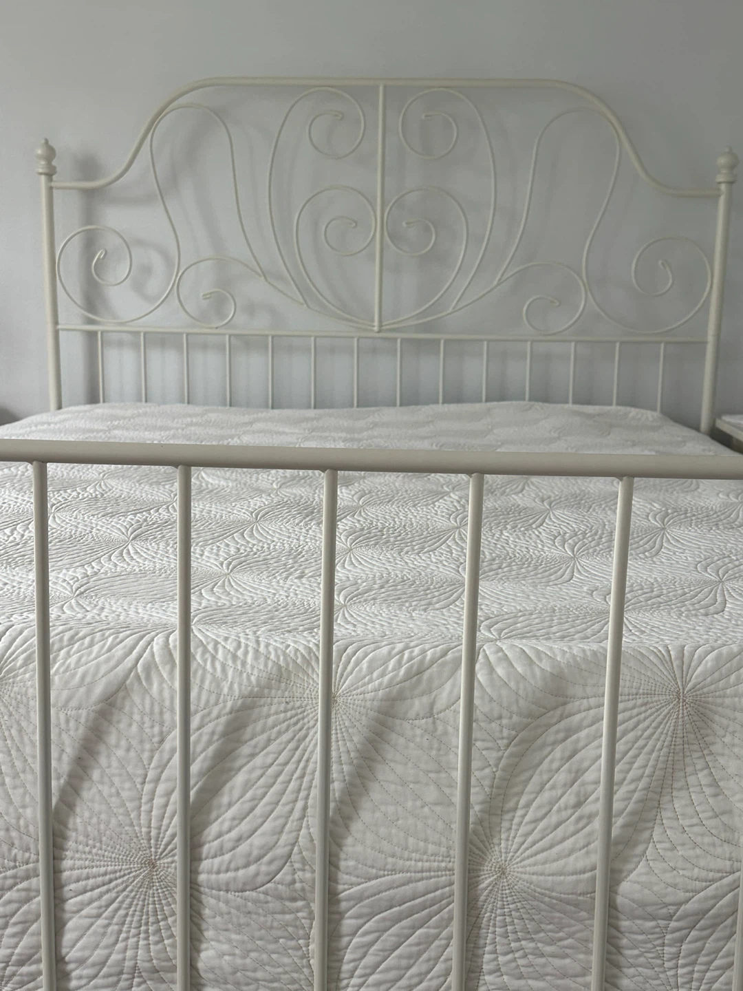 White Metal Bed Frame with Decorative Headboard