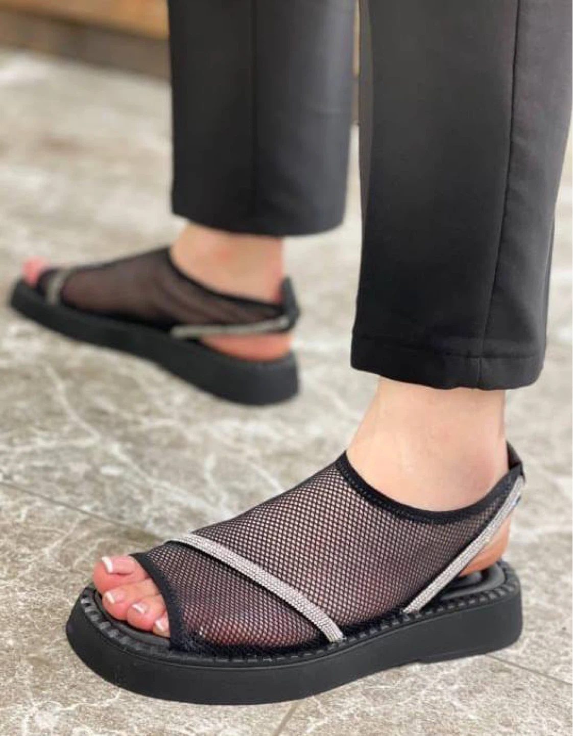 Women's Black Mesh Platform Sandals with Rhinestones - photo 2