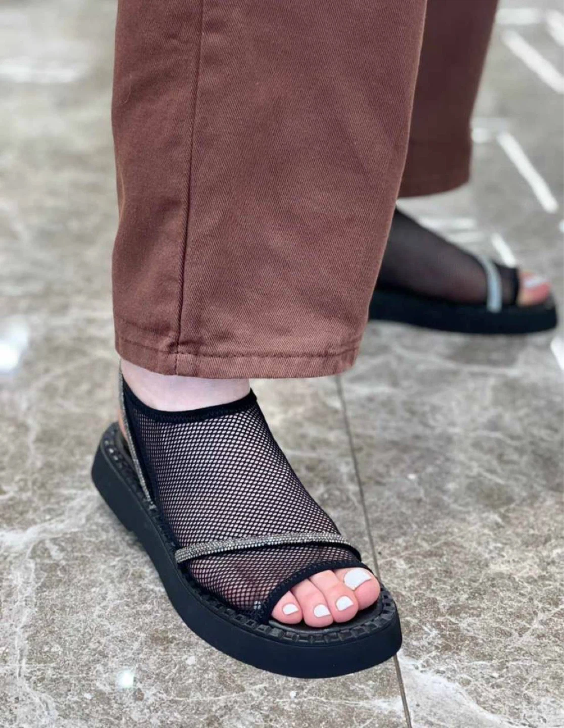 Women's Black Mesh Platform Sandals with Rhinestones