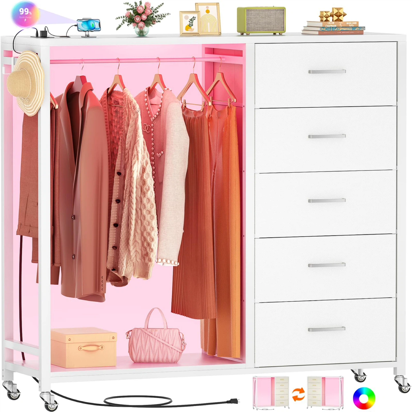 Cyclysio Dresser with Hanging Rack, 5 Fabric Drawers