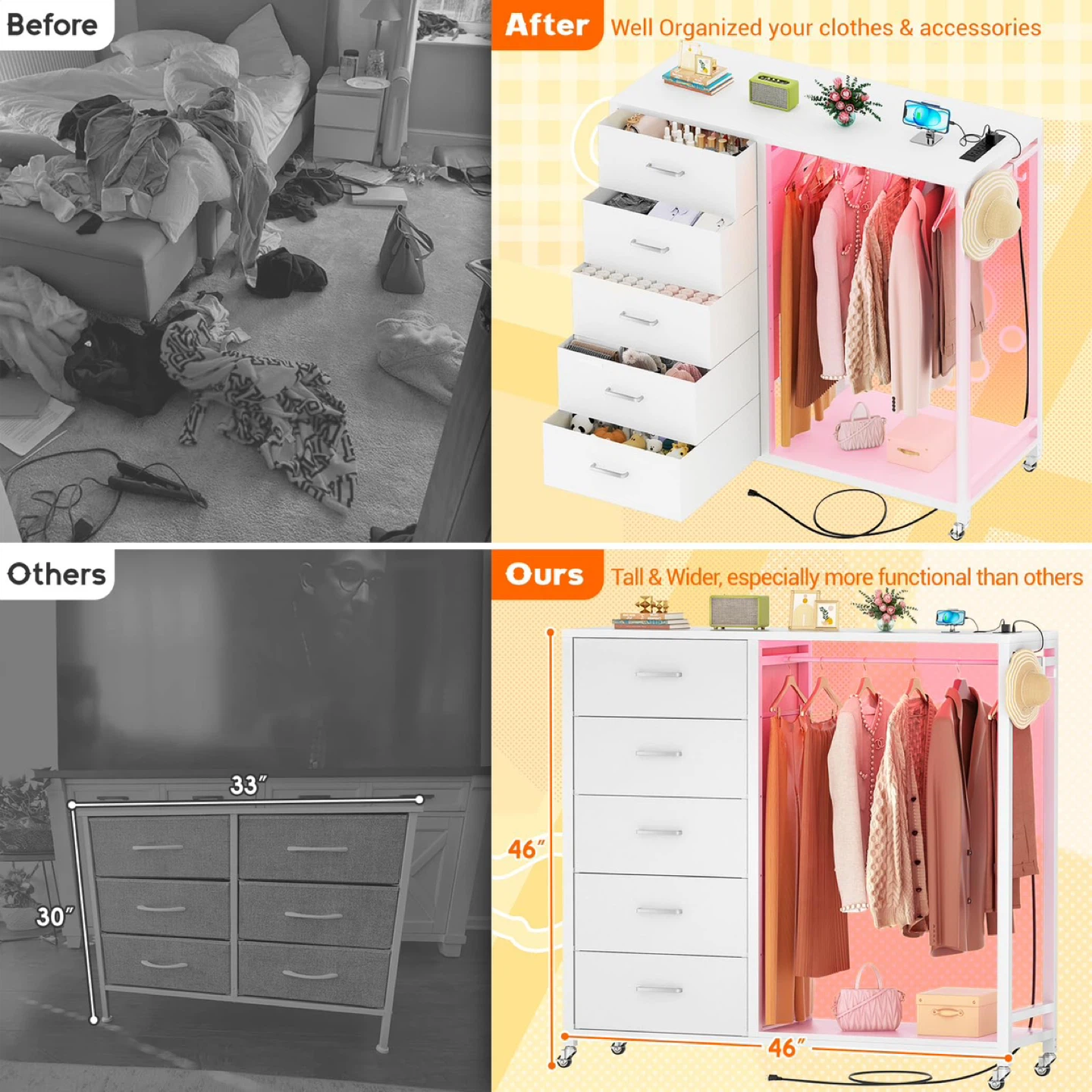 Cyclysio Dresser with Hanging Rack, 5 Fabric Drawers - photo 5