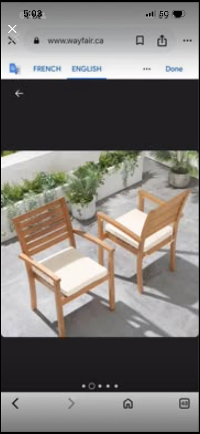 Stackable outdoor dining chair acacia cushion (Set of 2) $50 Ea