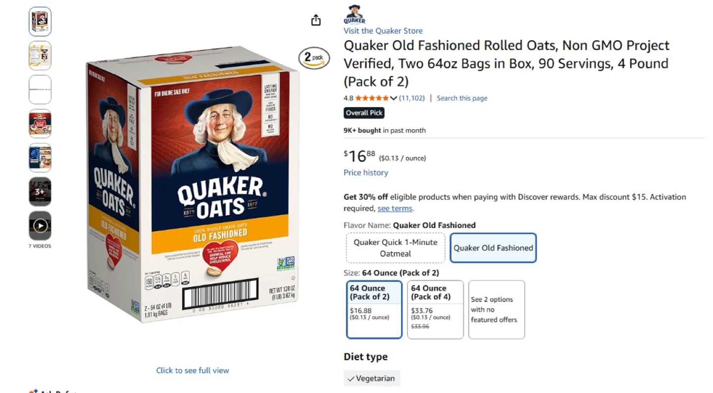 Quaker Old Fashioned Rolled Oats, 8lb Total