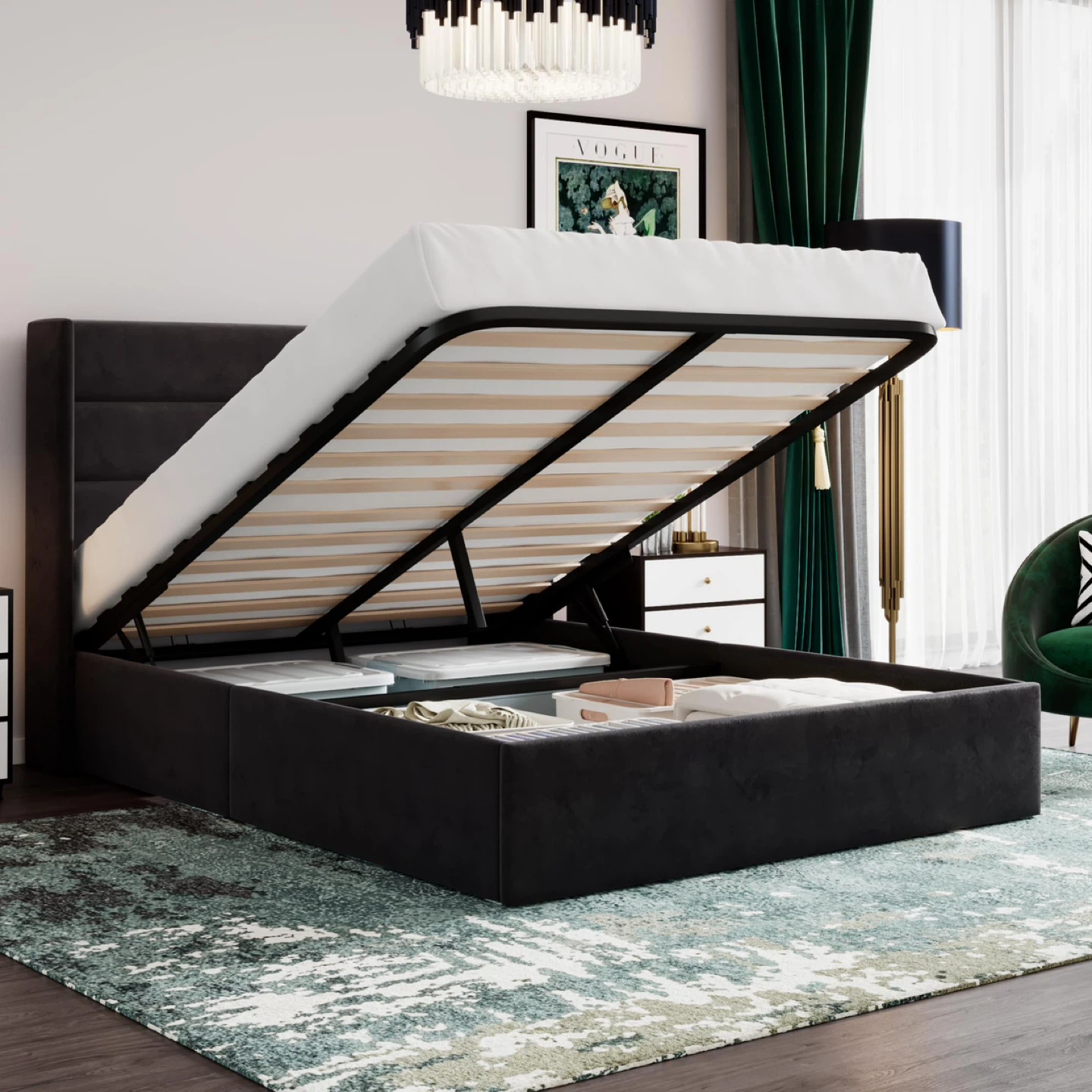 SHA CERLIN Queen Size Lift Up Storage Bed/Velvet bed