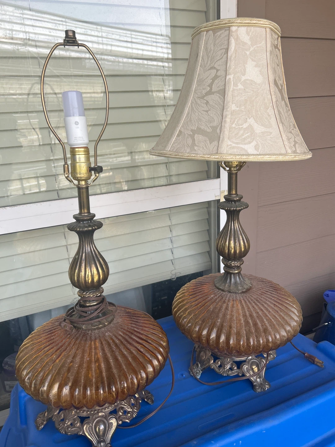 Vintage Amber Glass Table Lamps - Pair