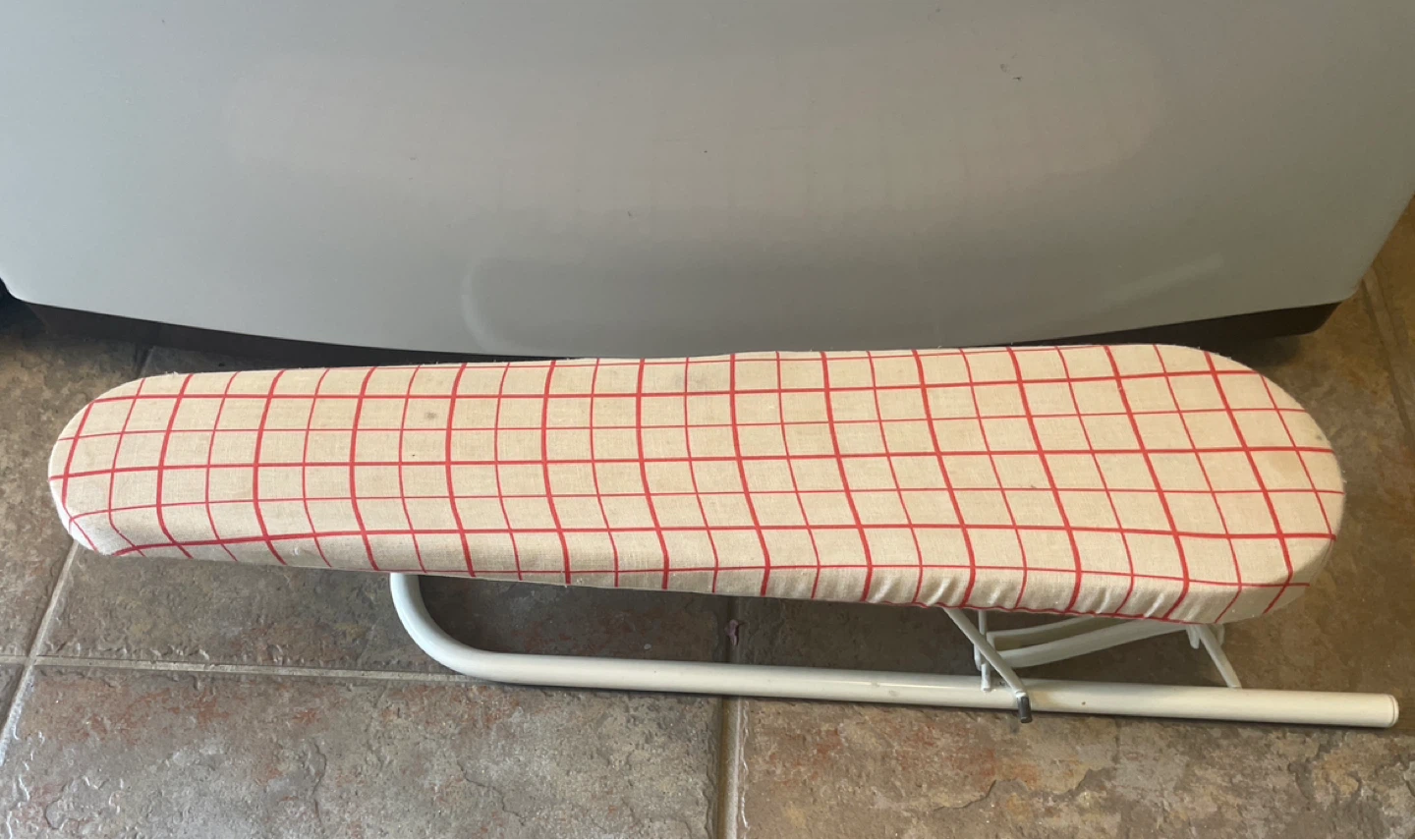 Tabletop Ironing Board with Red and White Grid Cover