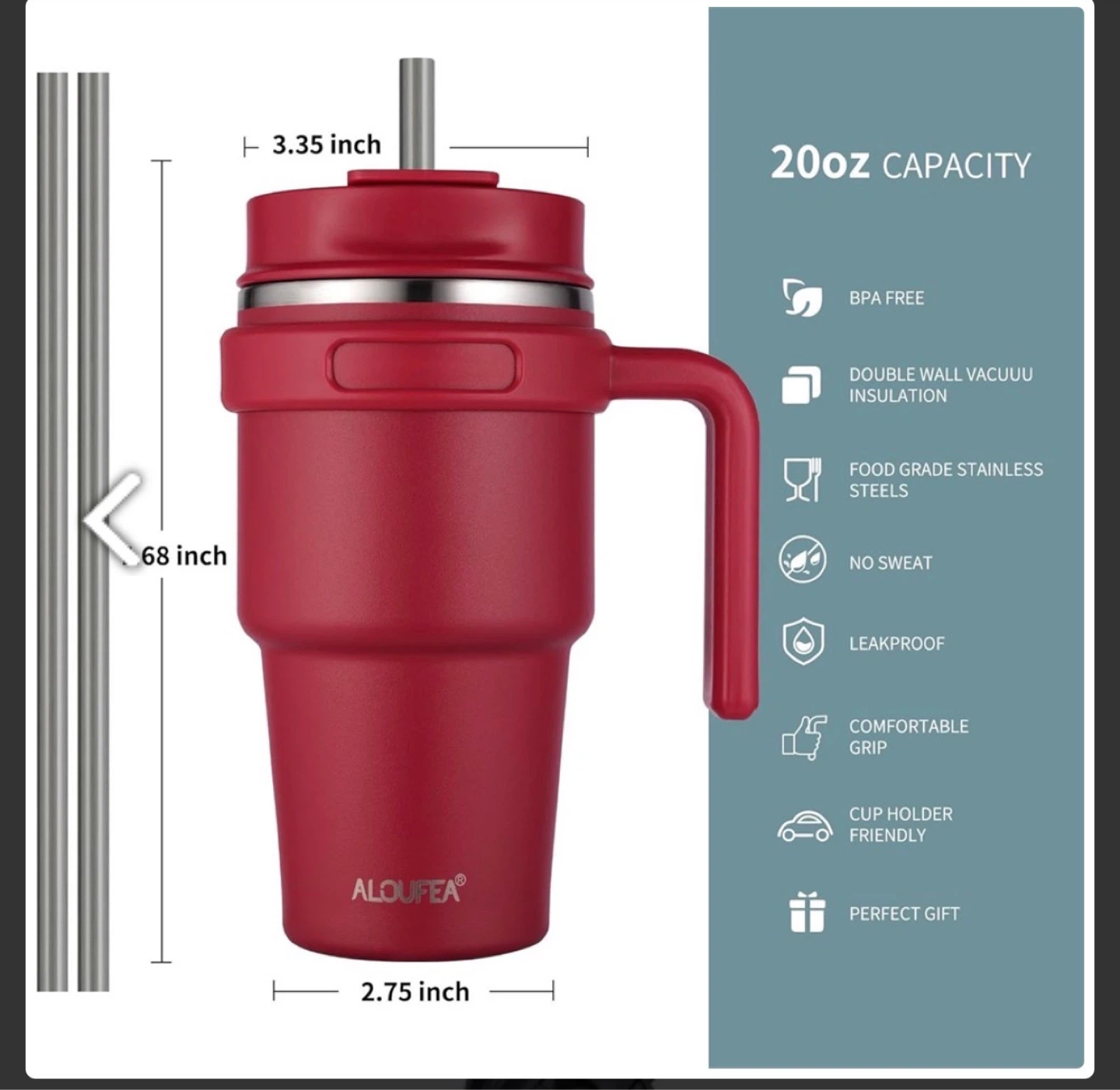ALOUFEA Red 20oz Insulated Tumbler with Handle and Straw - photo 4