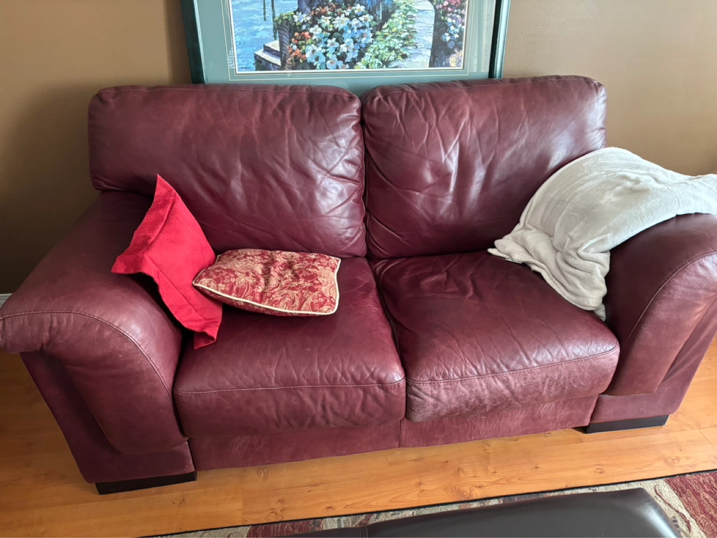 2 Burgundy Leather Loveseat Sofa