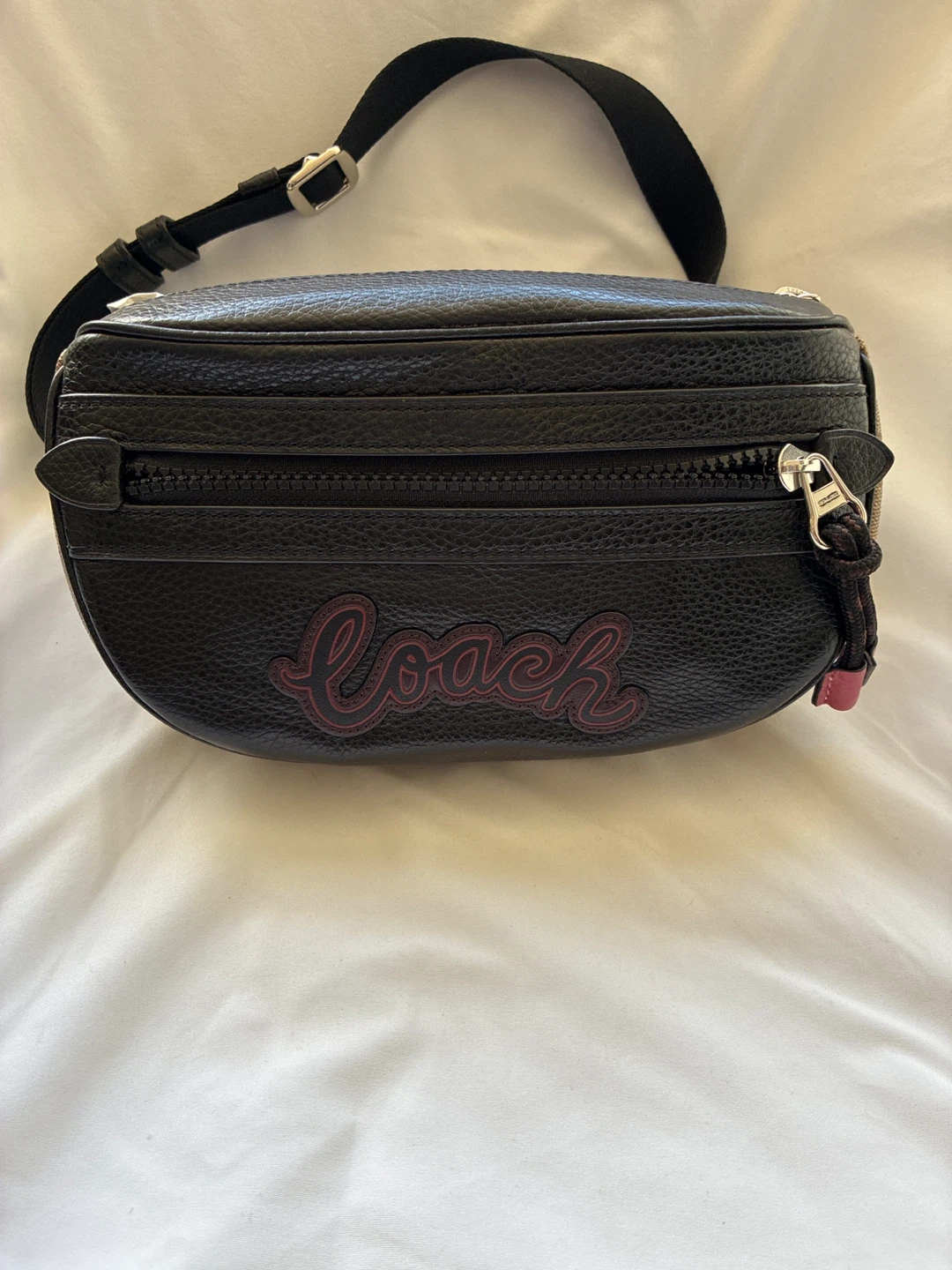 Black Leather Coach Belt Bag with Script Logo