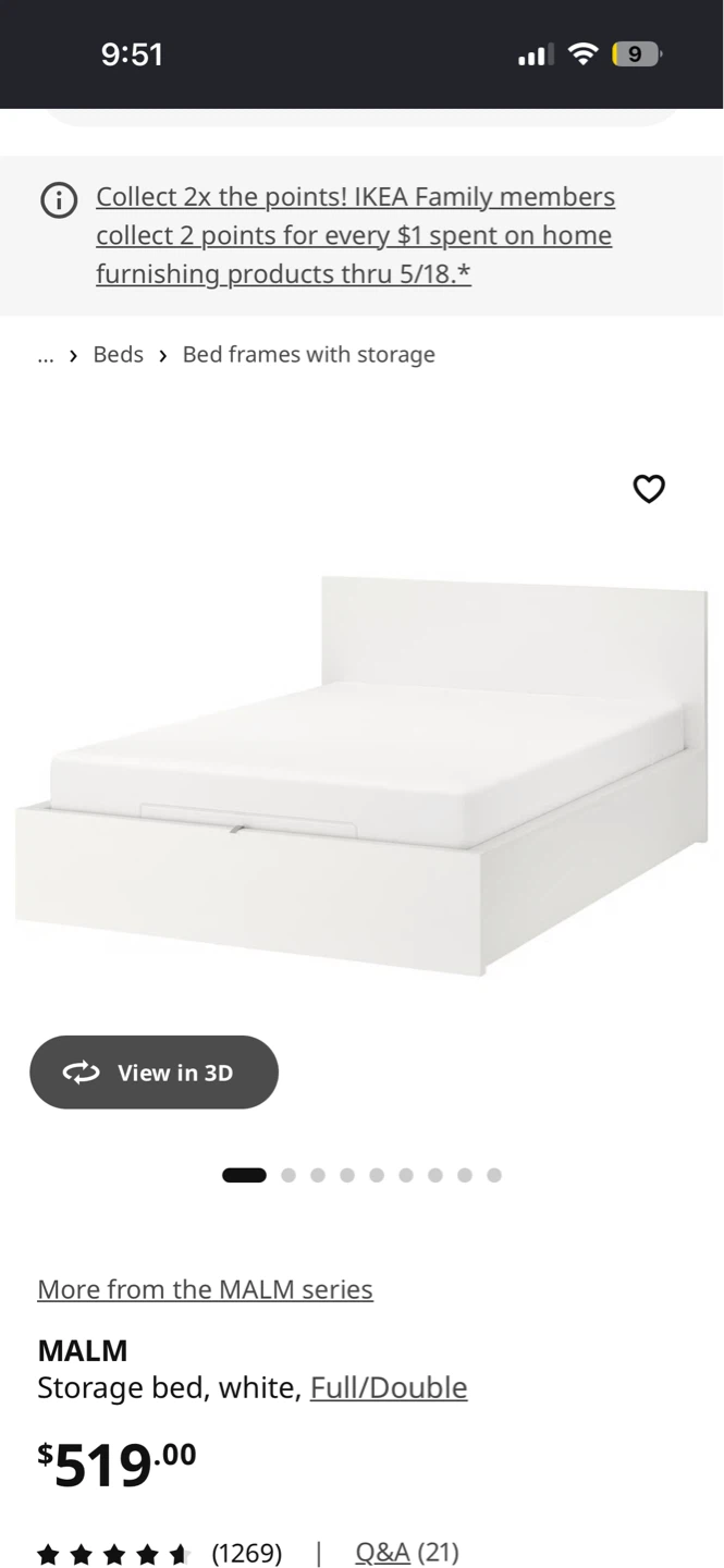 IKEA MALM Storage Bed Frame - White