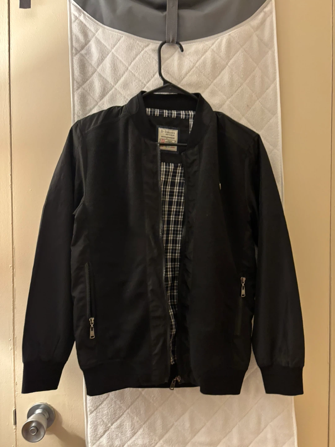 D-Juniors Black Bomber Jacket with Plaid Lining